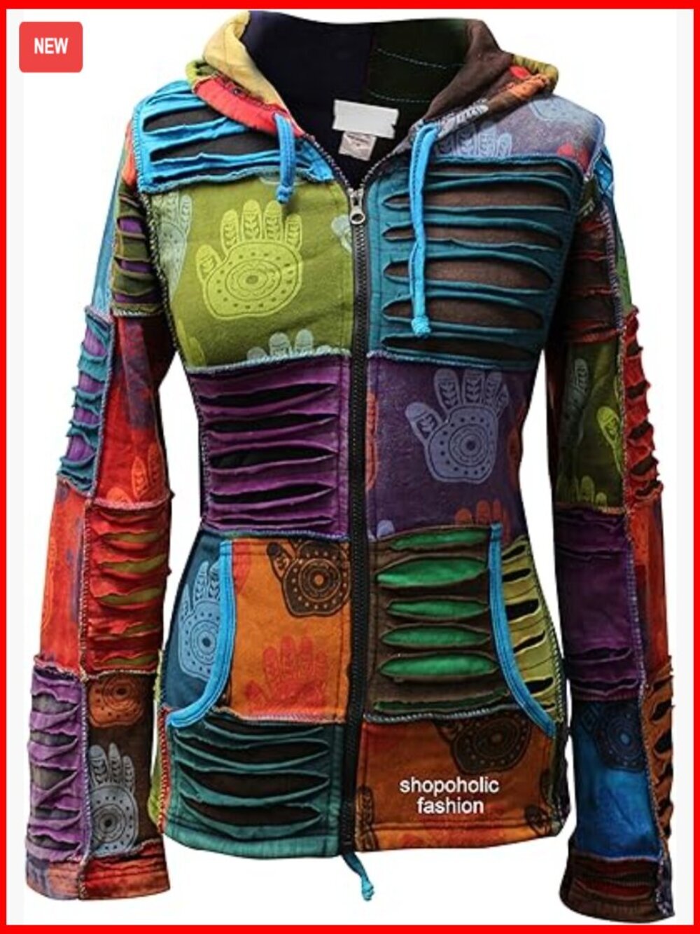 Boho Zip-Up Hoodie with Henna Hand Design, Long Sleeve, Kangaroo Pocket